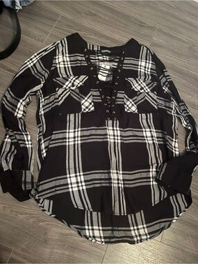 Express Black and White Plaid Lace-Up Long Sleeve Top
